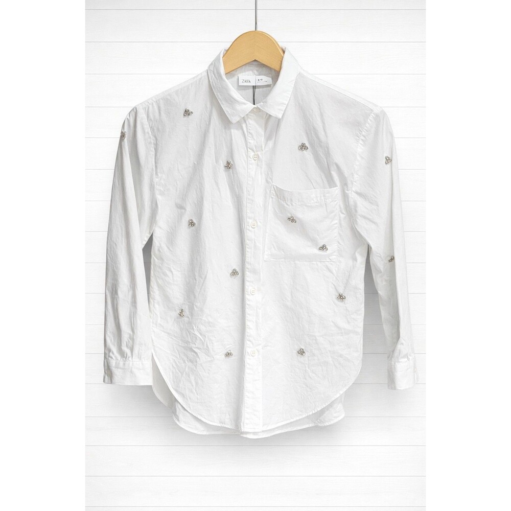ZARA SZ 8-9 GIRLS WHITE 3/4 SLEEVE BUTTON-UP SHIRT RHINESTONE BEES